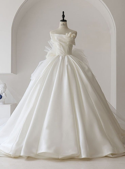 Robe de mariée longue en satin et tulle, sans bretelles, style bal intemporel, C4264