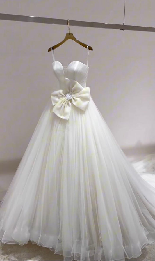 Robe de mariée longue en satin et tulle, bretelles spaghetti, avec nœud, C4265