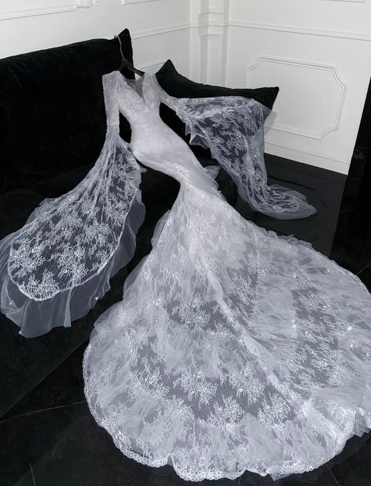 Robe de mariée sirène intemporelle en tulle et dentelle, manches longues, C4268