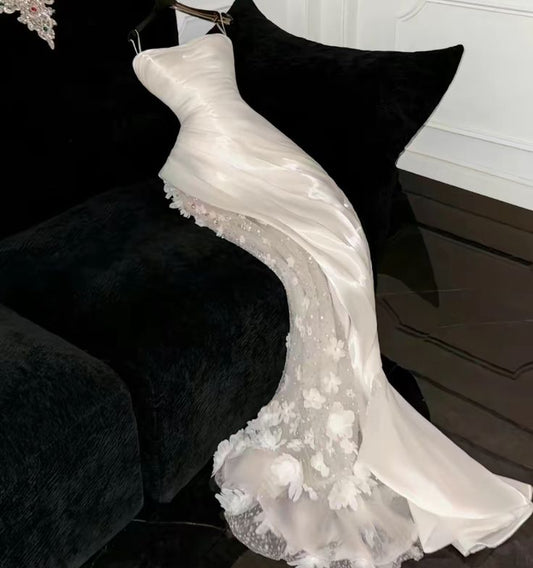 Robe de mariée longue en satin et tulle à bretelles spaghetti, style sirène, unique, C4270