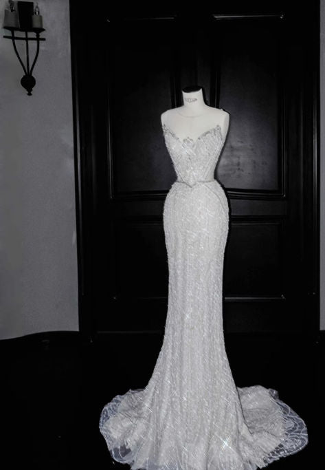 Robe de mariée longue sirène intemporelle sans bretelles, en tulle, dentelle et sequins, C4273