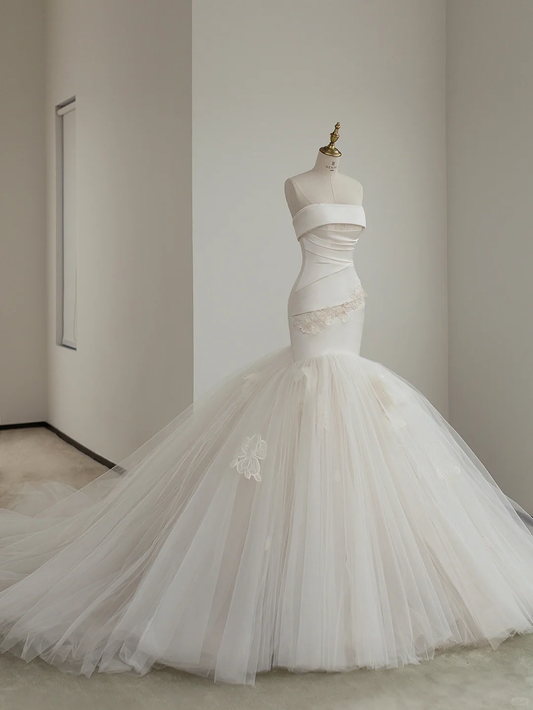 Jolie robe de mariée sirène bustier en satin et tulle avec appliques, longue, C4279