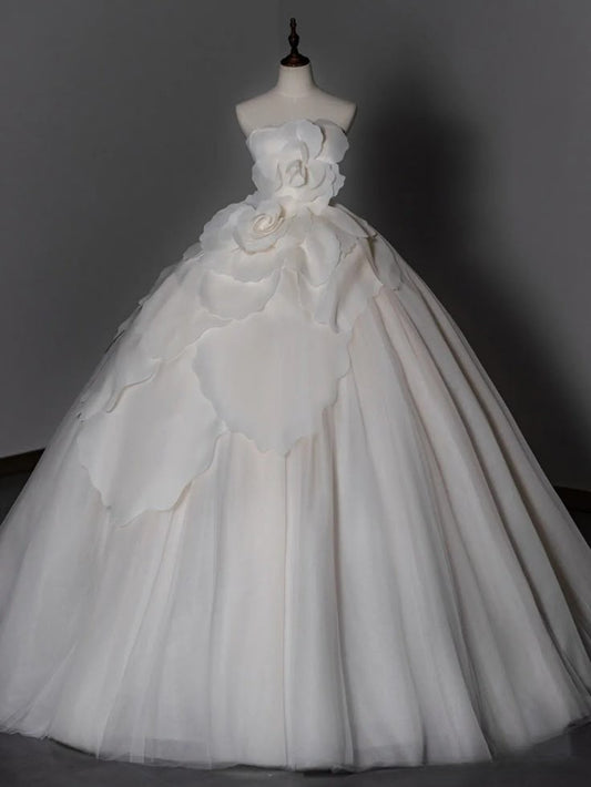 Robe de mariée longue bustier en mousseline de soie et tulle, style bal intemporel, C4280