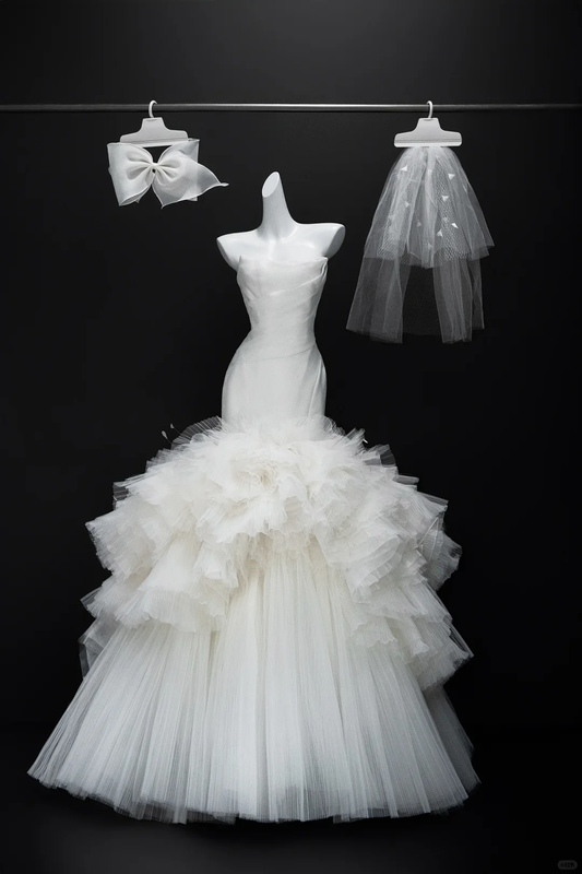 Robe de mariée longue en satin et tulle, élégante et bustier style sirène, avec voile, C4282