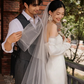 Robe de mariée longue élégante en satin, tulle et dentelle, sans bretelles, style sirène, avec voile, C4287