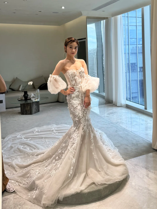 Robe de mariée longue élégante en tulle et dentelle, style sirène, sans bretelles, C4293