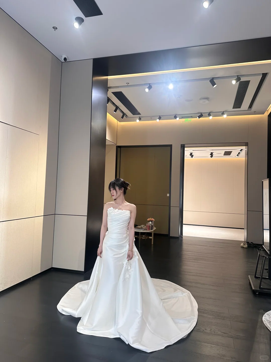 Robe de mariée longue élégante en satin, sans bretelles, style sirène, C4298