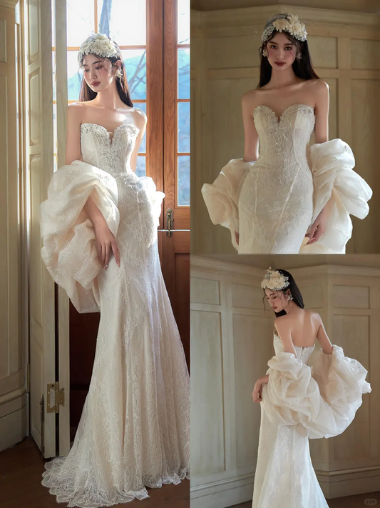 Superbe robe de mariée sirène longue bustier en tulle et dentelle C4301