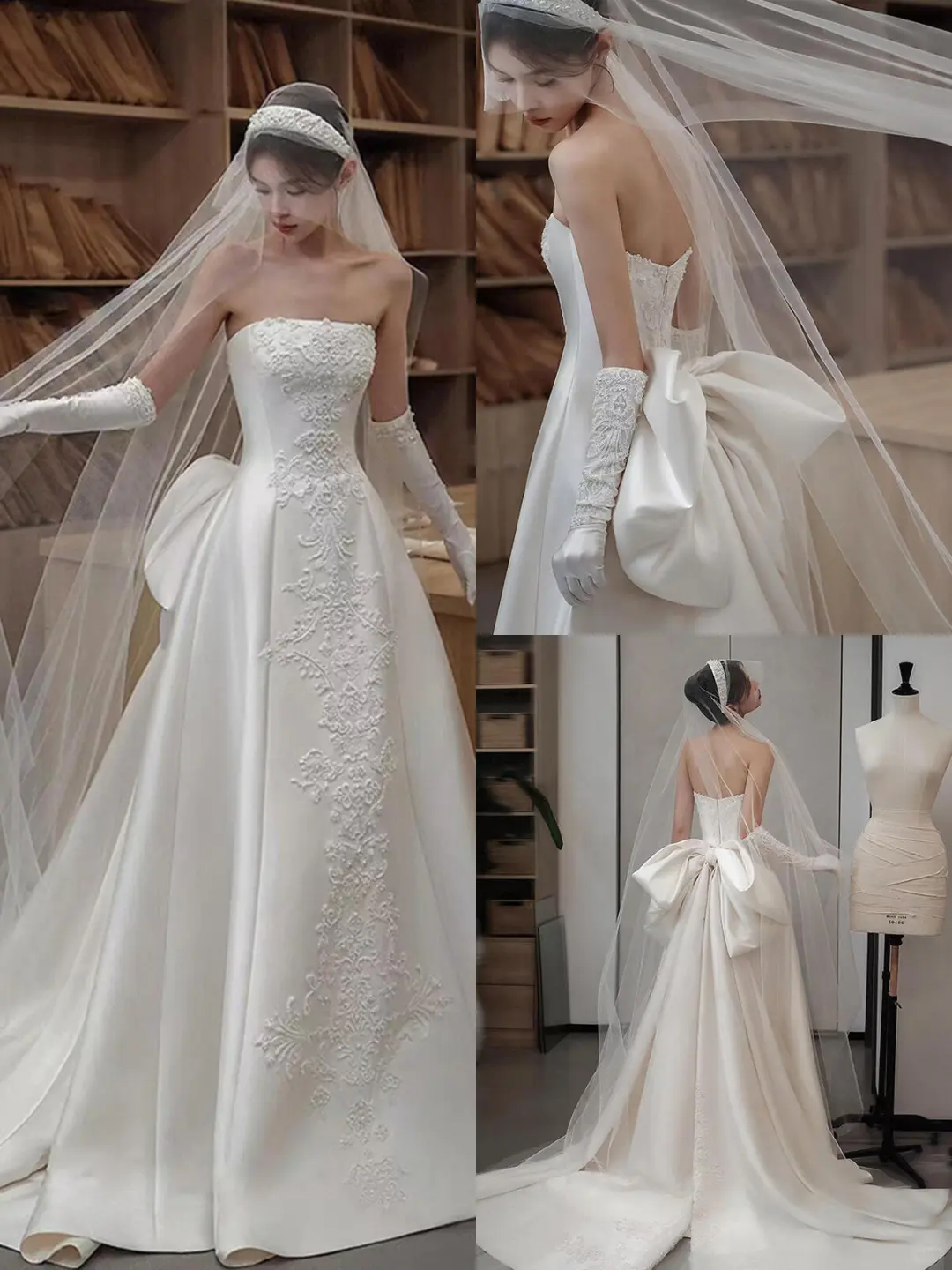 Robe de mariée longue élégante en satin, sans bretelles, avec voile et gants, coupe trapèze, C4302