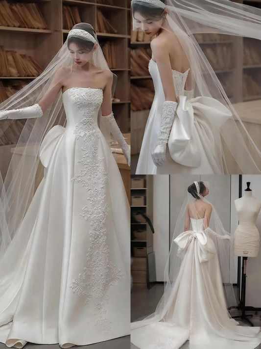 Robe de mariée longue élégante en satin, sans bretelles, avec voile et gants, coupe trapèze, C4302