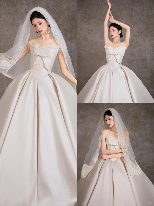 Robe de mariée longue en satin, bustier, avec voile, élégante, C4303