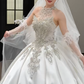 Robe de mariée longue en satin à sequins et perles, dos nu, style bal intemporel, avec voile, C4307