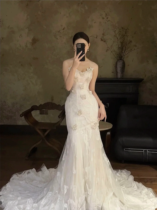 Robe de mariée sirène bustier en tulle et dentelle, longue et élégante, C4309