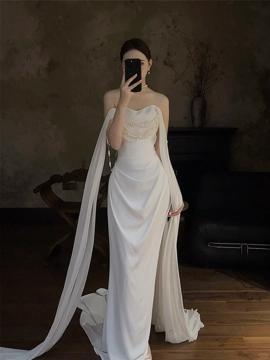 Robe de mariée longue élégante en satin, sans bretelles, style sirène, fendue et perlée, C4314