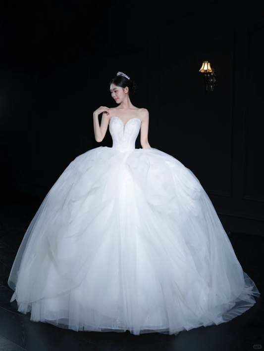 Robe de mariée longue en satin et tulle, sans bretelles, style bal intemporel, C4322