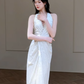 Robe de mariée longue en satin à col licou et fente, coupe trapèze, C4329