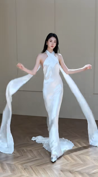 Robe de mariée longue en satin à col licou et sirène chic C4332