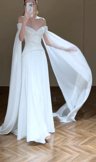 Robe de mariée élégante en mousseline de soie, coupe trapèze, épaules dénudées, longue, C4343