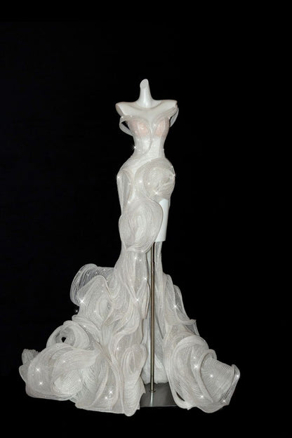Robe de mariée longue en tulle, style sirène, épaules dénudées, unique, C4346