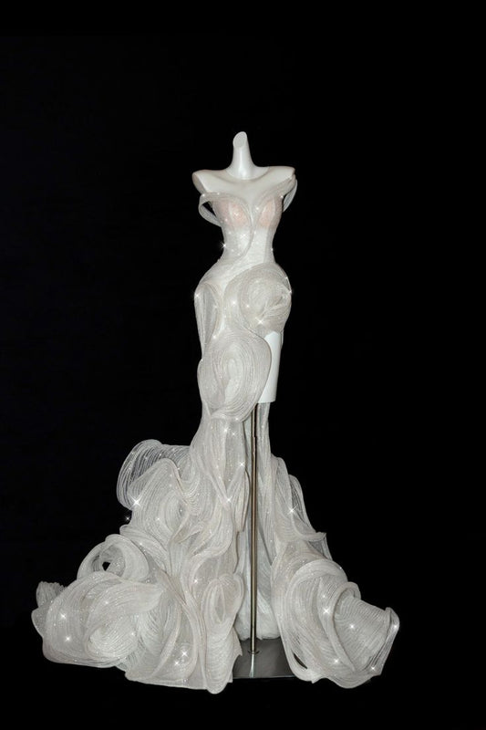 Robe de mariée longue en tulle, style sirène, épaules dénudées, unique, C4346