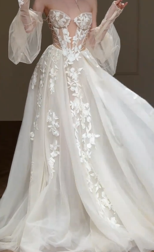 Robe de mariée longue en tulle à épaules dénudées et manches longues, style trapèze, C4351