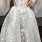 Robe de mariée longue en tulle à épaules dénudées et manches longues, style trapèze, C4351