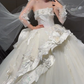 Superbe robe de bal bustier en satin et tulle avec appliques et manches en voile, robe de mariée longue C4354