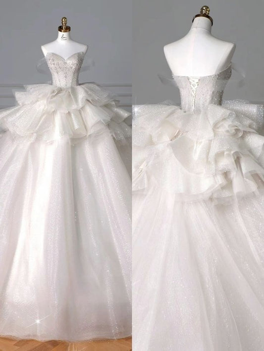 Superbe robe de bal à épaules dénudées, en tulle, paillettes et perles, robe de mariée longue C4361