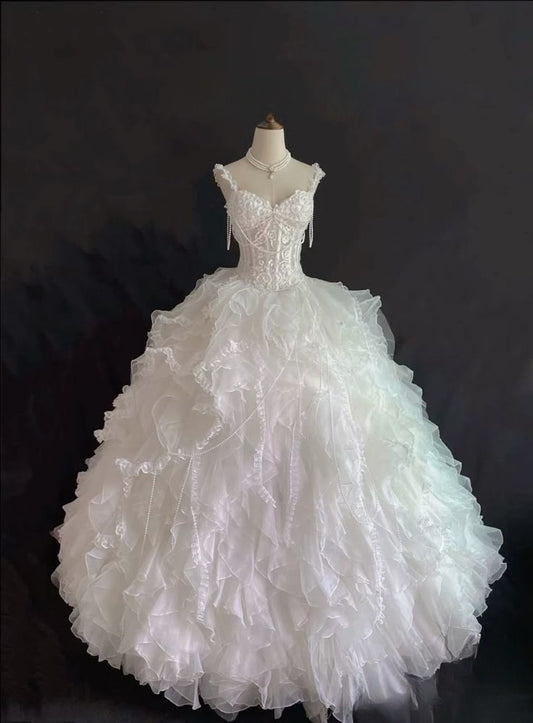 Robe de mariée longue en tulle et perles, robe de bal de rêve, bretelles spaghetti, C4362