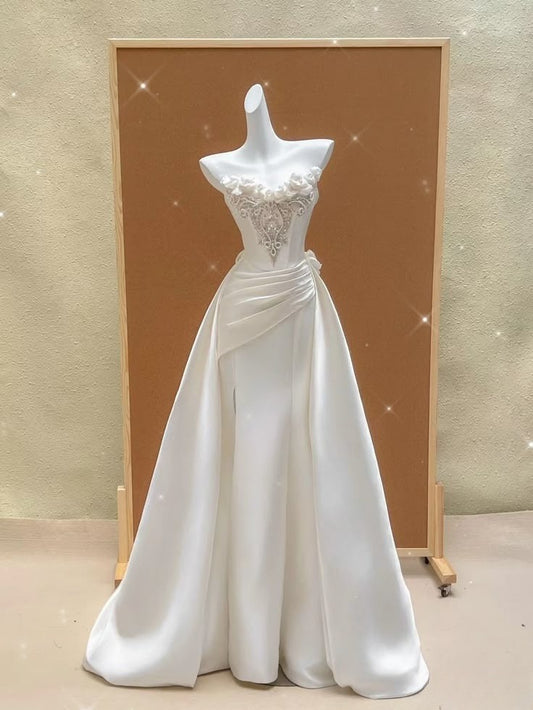 Robe de mariée longue en satin, élégante, coupe trapèze, sans bretelles, C4366