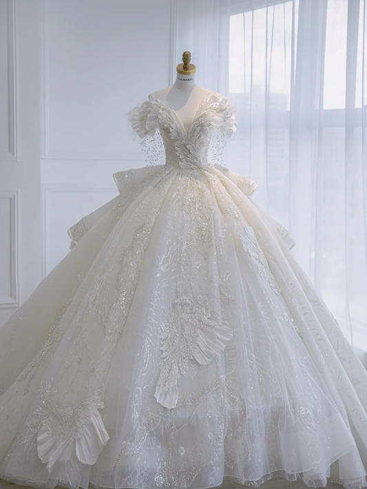 Robe de mariée longue en tulle, paillettes et perles, style bal intemporel, épaules dénudées, C4367