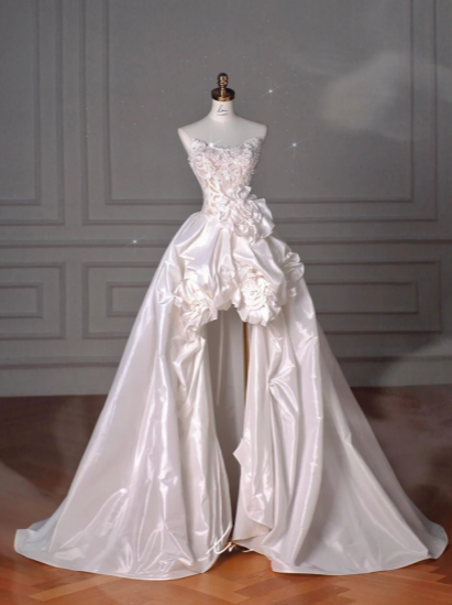 Robe de mariée longue en satin à fleurs, style robe de bal chic, sans bretelles, C4369
