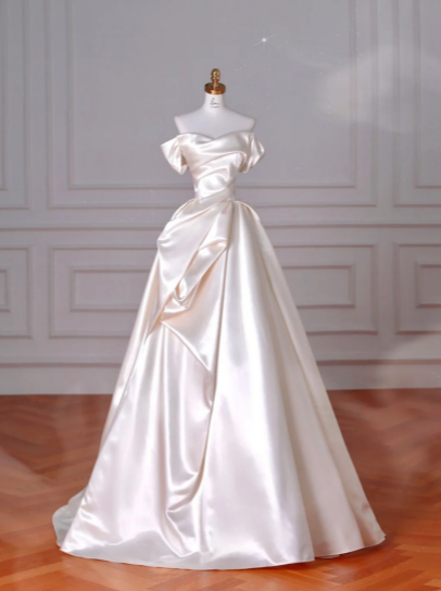 Robe de mariée longue en satin, simple et élégante, coupe trapèze, épaules dénudées, C4371