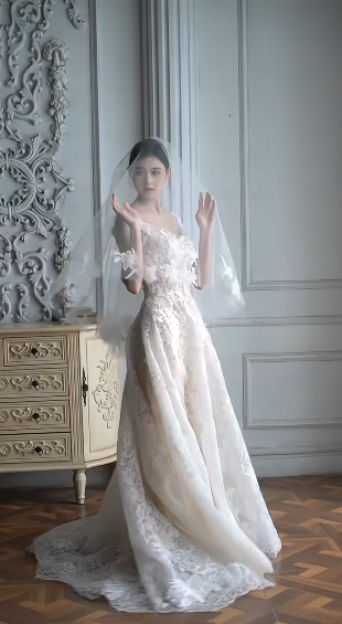 Superbe robe de mariée trapèze longue en tulle et dentelle avec bretelles spaghetti et voile C4376