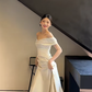 Robe de mariée longue en satin, élégante, style sirène, épaules dénudées, C4379