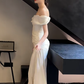 Robe de mariée longue en satin, élégante, style sirène, épaules dénudées, C4379