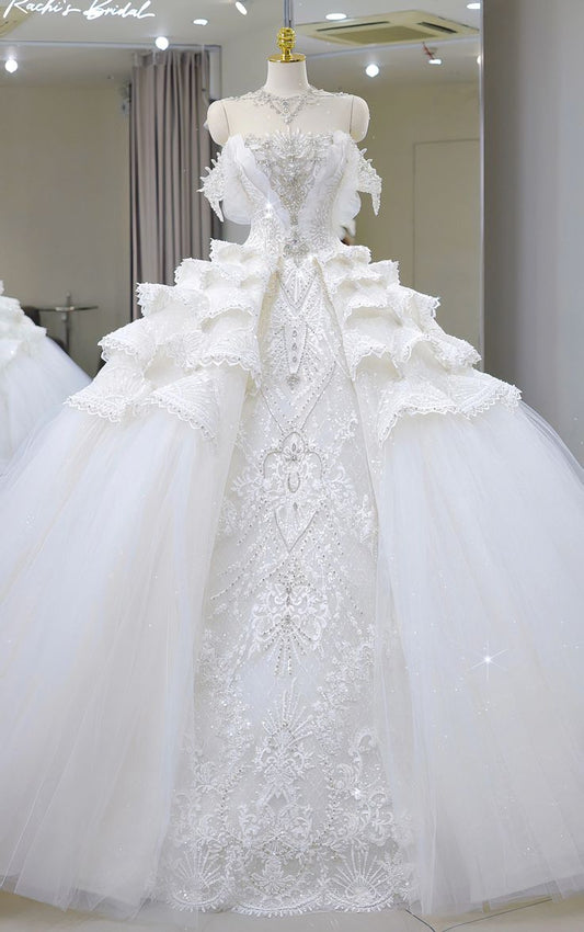 Superbe robe de bal à épaules dénudées, tulle, dentelle, paillettes, perles, robe de mariée longue C4380