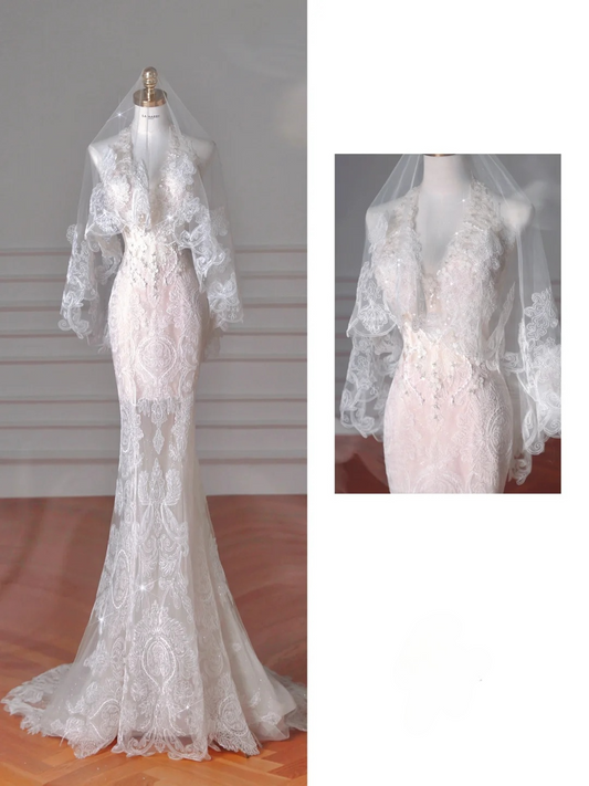 Robe de mariée sirène de rêve en tulle et dentelle avec voile C4382