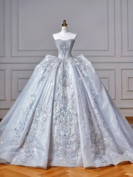 Robe de mariée longue bustier en tulle, sequins et perles, style intemporel, C4383