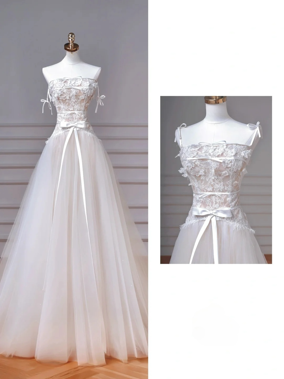 Jolie robe de mariée longue en tulle et dentelle avec bretelles spaghetti et appliques C4385