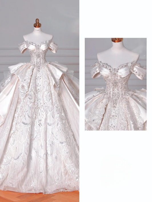 Robe de mariée longue en satin, tulle, dentelle, paillettes et perles, style bal intemporel, épaules dénudées, C4388