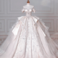 Robe de mariée longue en satin, tulle, dentelle, paillettes et perles, style bal intemporel, épaules dénudées, C4388