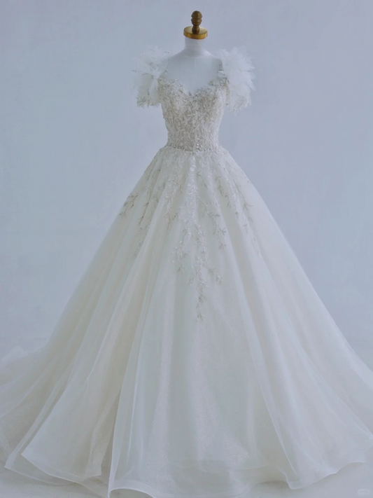 Robe de mariée longue et unique en tulle, à paillettes et perles, manches courtes, C4389