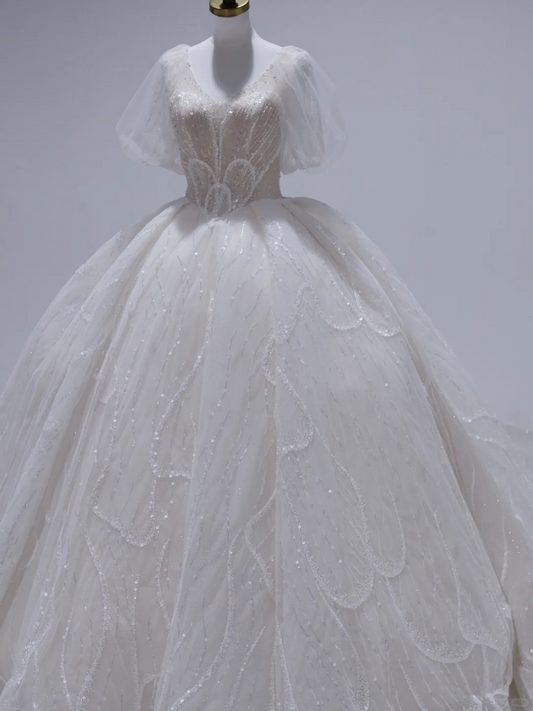 Robe de mariée élégante, col en V, tulle, paillettes, manches courtes, longue, C4391