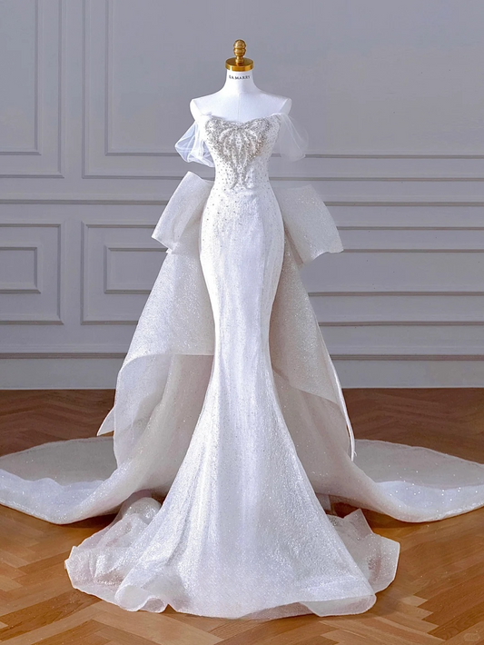 Robe de mariée longue en satin à paillettes et épaules dénudées, style sirène, avec perles et nœud, C4392