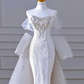 Robe de mariée longue en satin à paillettes et épaules dénudées, style sirène, avec perles et nœud, C4392