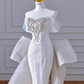 Robe de mariée longue en satin à paillettes et épaules dénudées, style sirène, avec perles et nœud, C4392