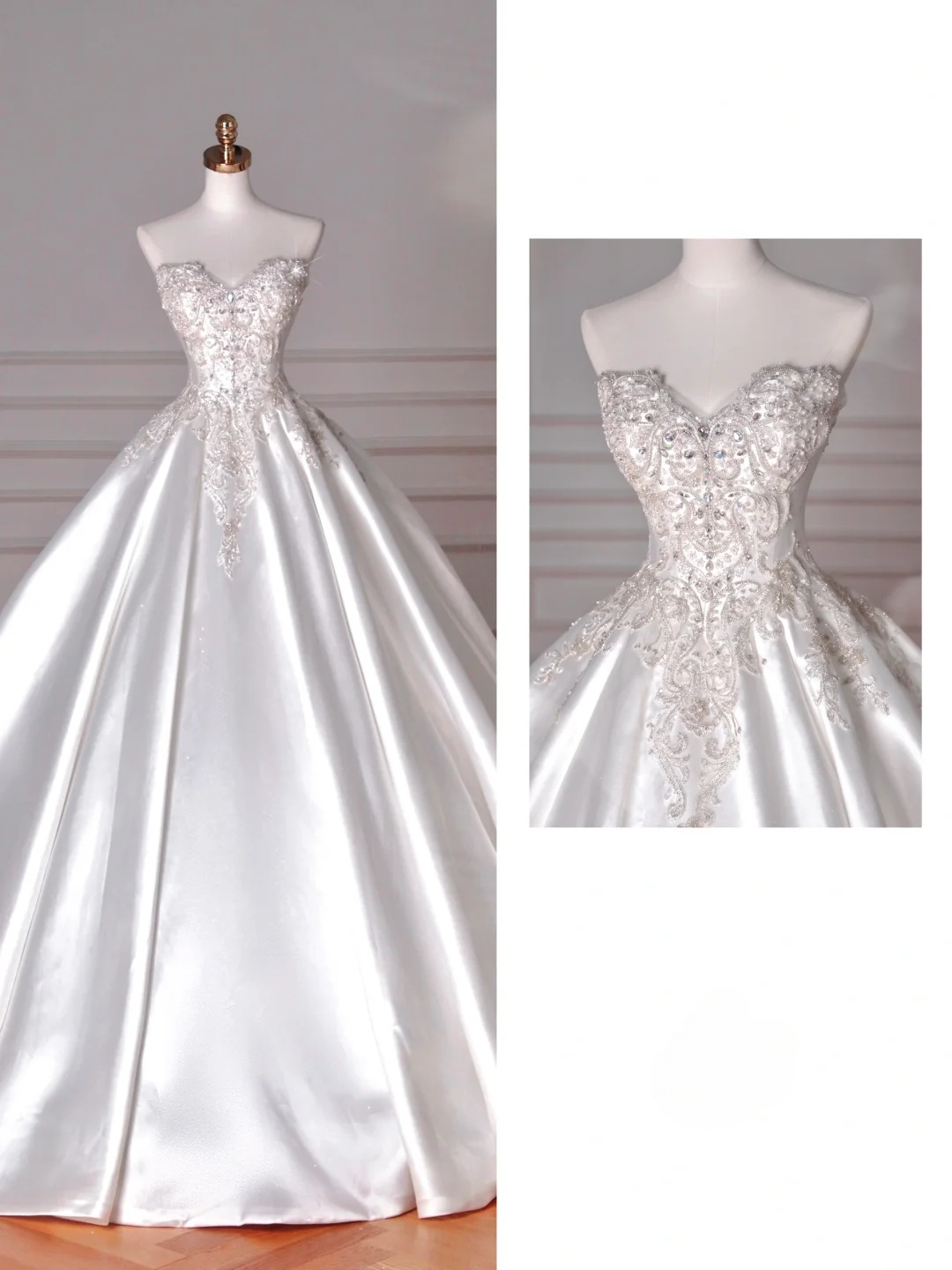 Robe de mariée longue en satin à sequins et perles, sans bretelles, style bal de rêve, C4393