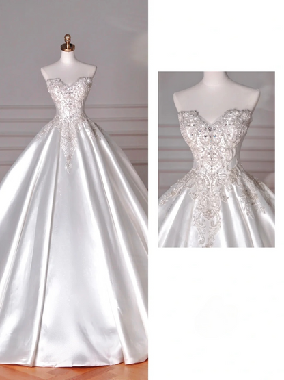 Robe de mariée longue en satin à sequins et perles, sans bretelles, style bal de rêve, C4393