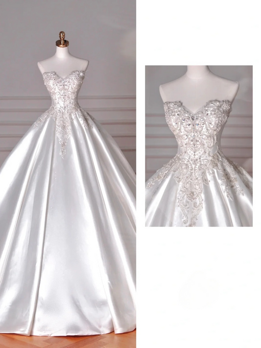Robe de mariée longue en satin à sequins et perles, sans bretelles, style bal de rêve, C4393